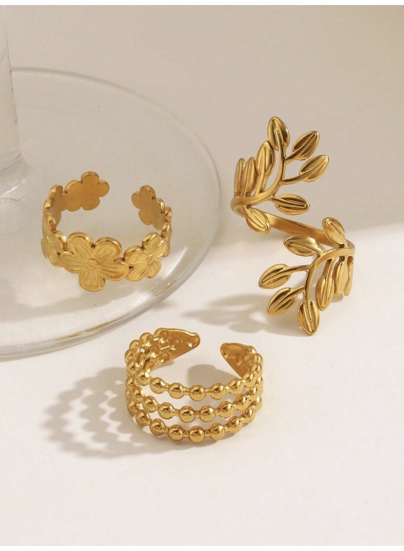 veya SET OF 3 WOMEN’S GOLD-PLATED RINGS 18K – FLORAL & LEAF DESIGN - Image 5